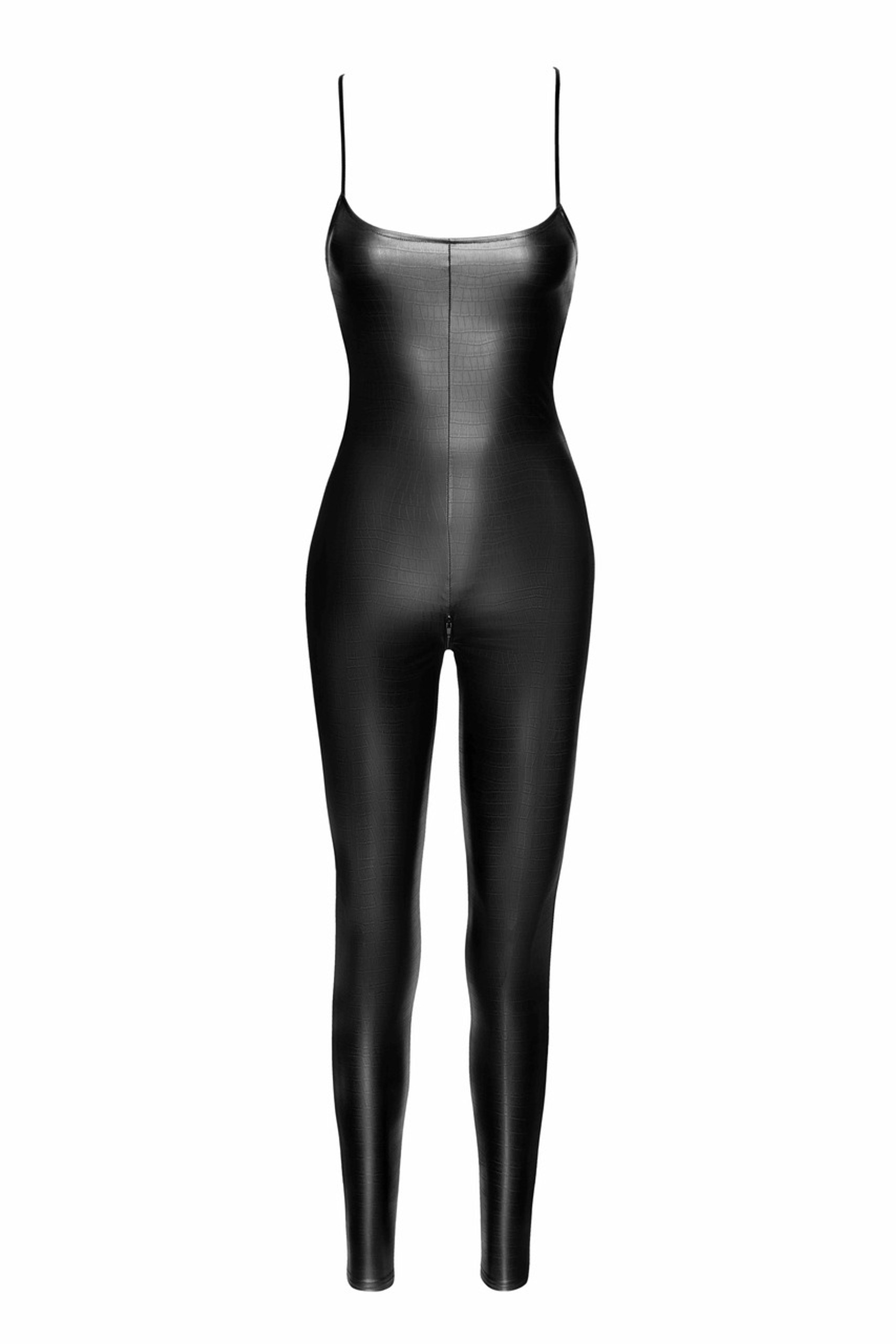 F316 Wild crocodile printed wetlook catsuit with lace up back
