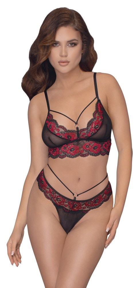 Laced Bra & String - Black/Red
