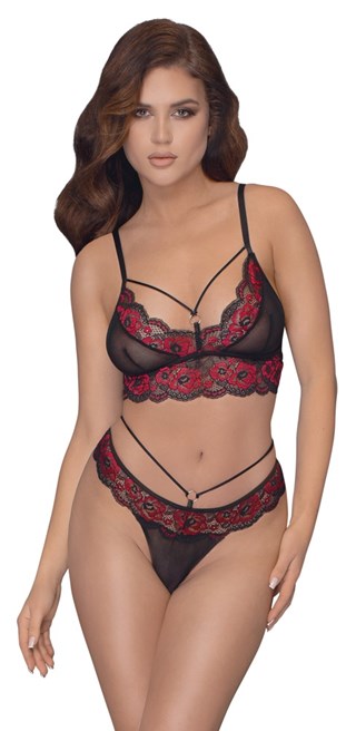 Laced Bra & String - Black/red