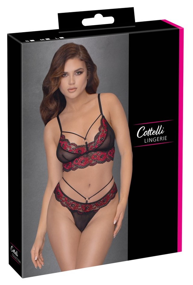 Laced Bra & String - Black/Red