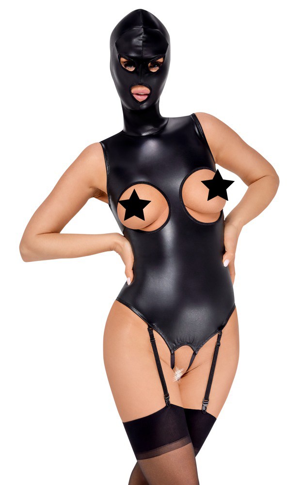 Black crotchless suspender body with head mask