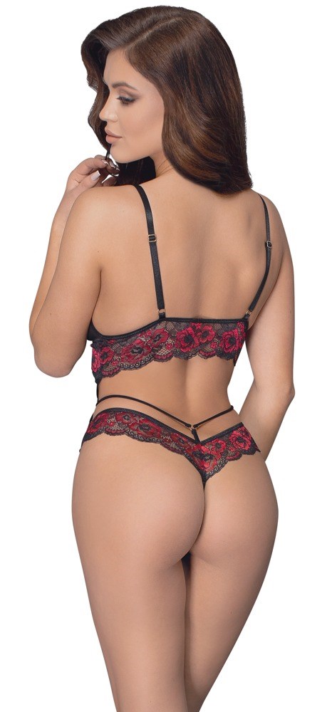 Crotchless Body with Laced Floral Pattern - Black/Red
