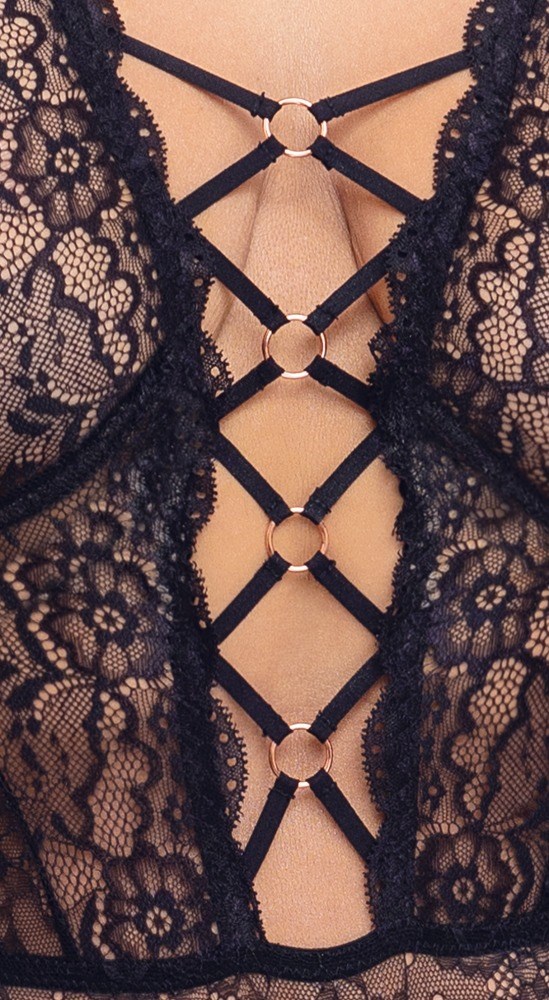 Sort Blonde-bodystocking med Åbent Skridt og Snøring