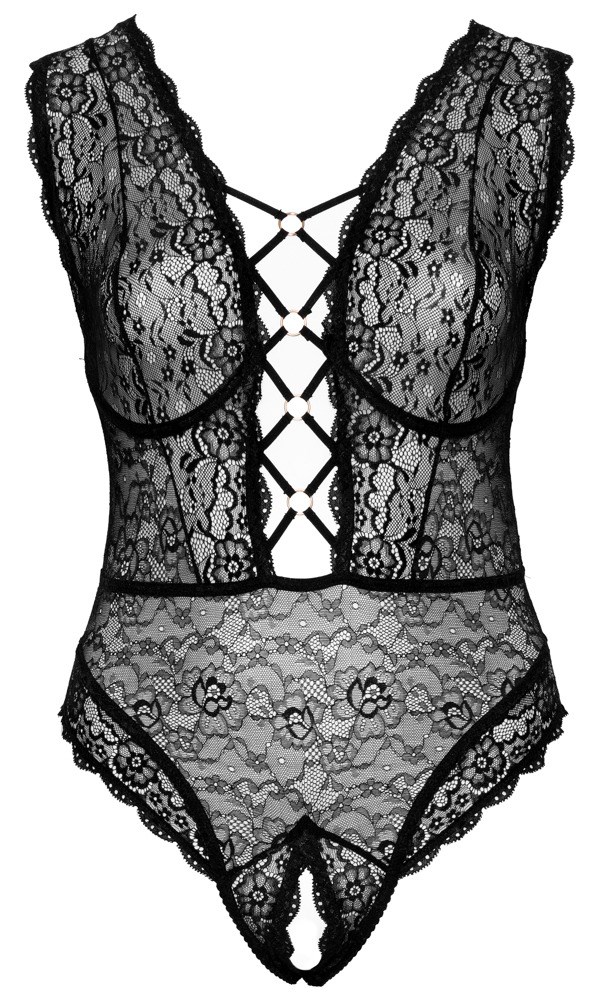 Sort Blonde-bodystocking med Åbent Skridt og Snøring