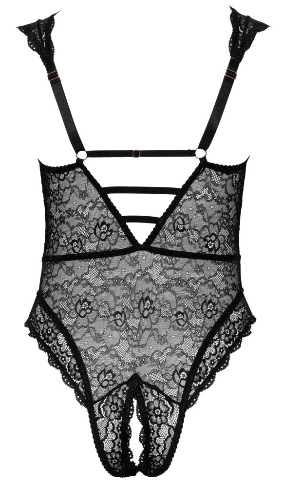 Sort Blonde-bodystocking med Åbent Skridt og Snøring