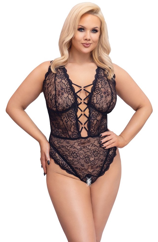 Sort Blonde-bodystocking med Åbent Skridt og Snøring