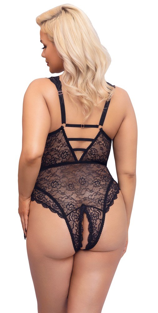 Sort Blonde-bodystocking med Åbent Skridt og Snøring