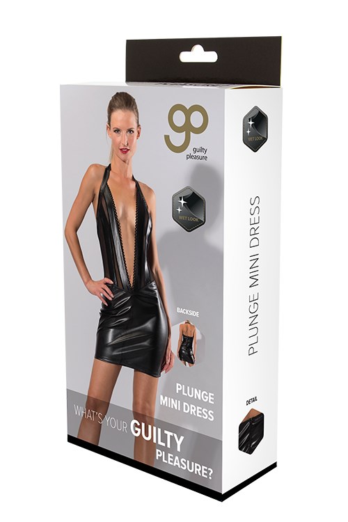 Wetlook Plunge Mini Dress - Sort