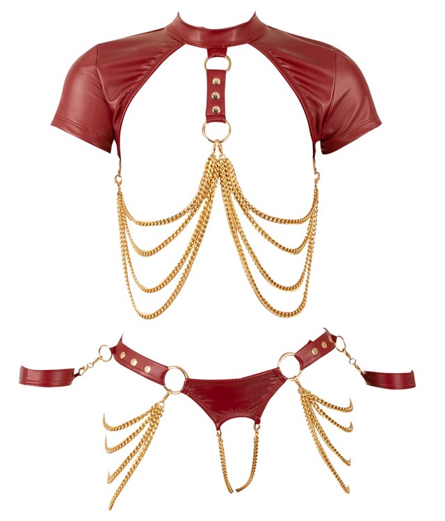 Open cup Top & Crotchless Thong Set Red