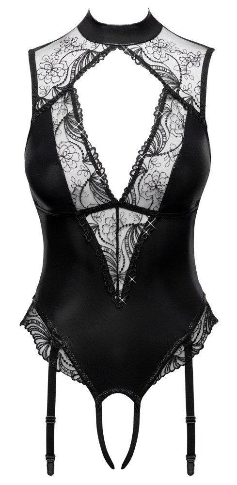 Crotchless thong body with suspender straps
