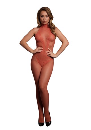 Rød Bodystocking Med Fiskenet Og Blonder