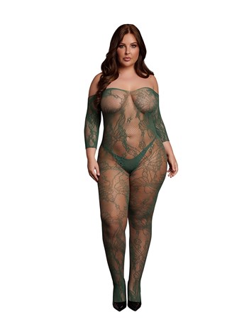 Grøn, Langærmet Bodystocking Med Blonder - Plus Size