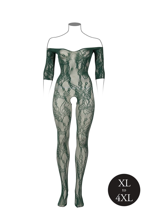 Grøn, Langærmet Bodystocking med Blonder - Plus size
