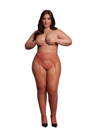 Røde Strømpebukser Med Hofteholderlook I Net Og Blonder - Plus Size