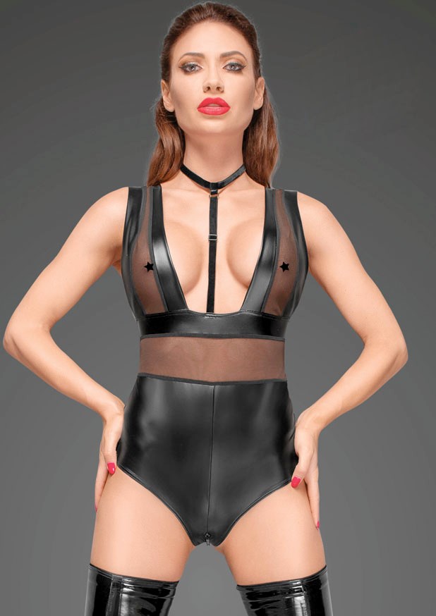 Powerwetlook Bodystocking i Tyl og Choker