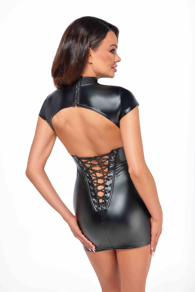 F309 Fantasy wetlook mini dress with lace up back