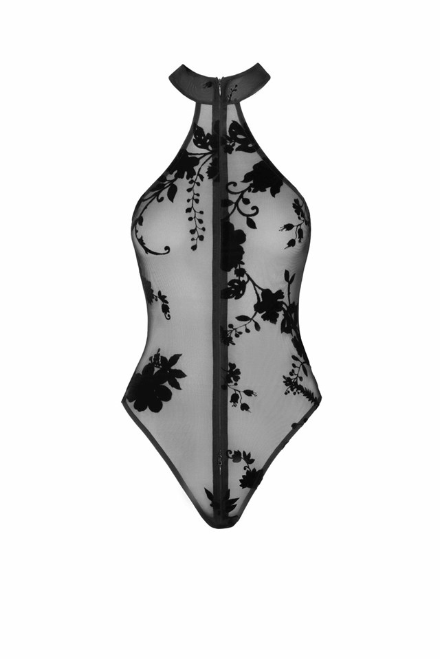 F314 Ego flocked mesh halter bodysuit