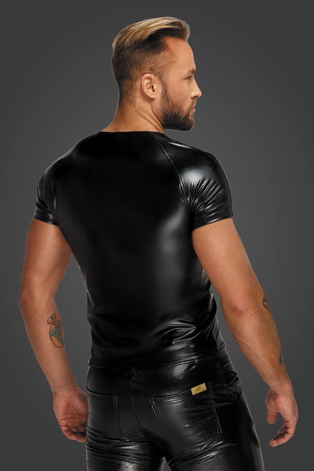 H070 Sort T-shirt i Wetlook med Slangeskindslook
