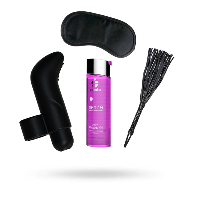 SÆT MED FINGERVIBRATOR, SWEDE MASSAGEOLIE, DIABOLIQUE FLOGGER & SORT SATIN-MASKE