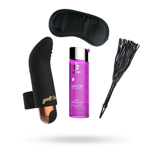 Sæt Med Fingervibrator, Swede Massageolie, Diabolique Flogger & Sort Satin-maske