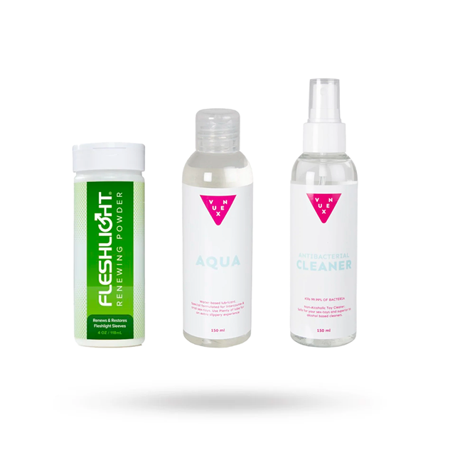 SÆT MED FLESHLIGHT RENEWING POWDER 118 ML, VUXEN AQUA GLIDECREME 150 ML & TOY CLEANER 150 ML