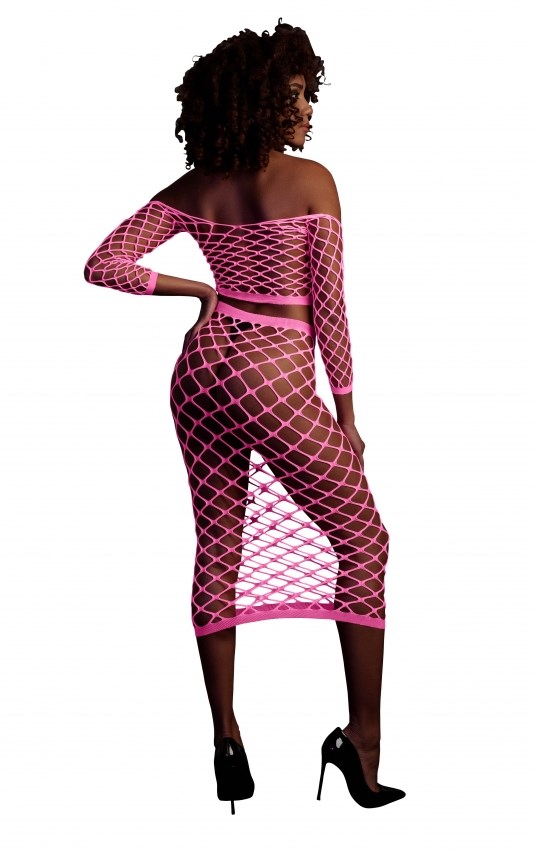 Pink, Langærmet Crop-Top og Lang Nederdel