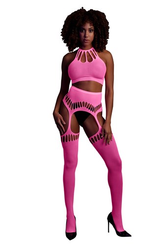 Pink, 2-delt Sæt Med Crop-top & Stockings