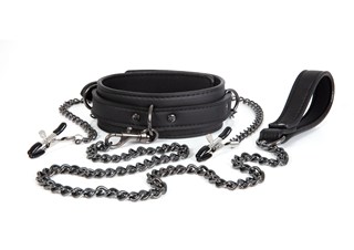 Dark Desire - Black Collar With Nipple Clamps And Leash