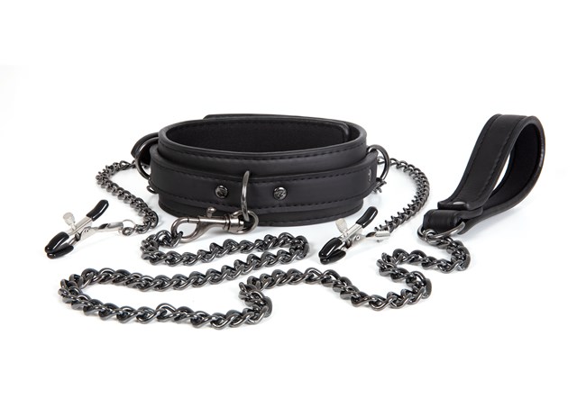 Dark Desire - Black Collar With Nipple Clamps and Leash