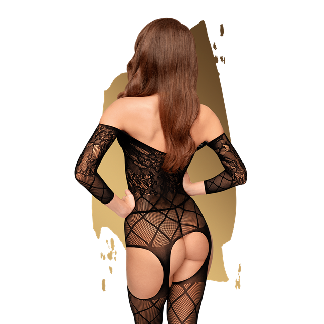 Top-notch - Long-sleeved Lace Bodystocking - Sort