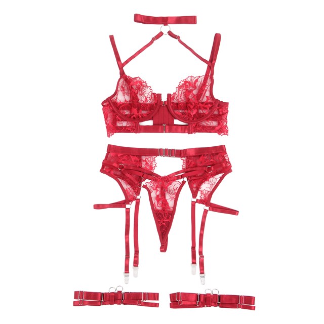 Red Sexy Halter Neck Embroidery Floral Lace Set With Garters