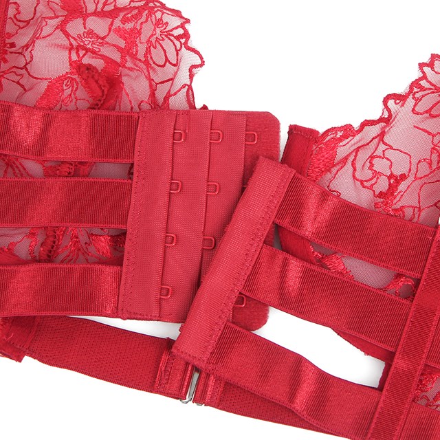 Red Sexy Halter Neck Embroidery Floral Lace Set With Garters