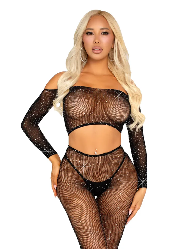 Rhinestone Fishnet Crop Top & Legging Black