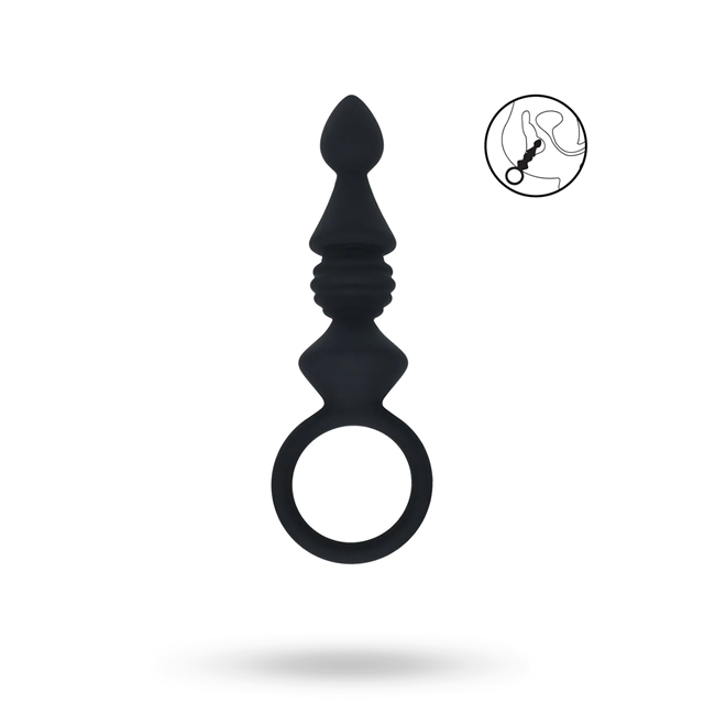 Ribbed Silicone Anal Probe with Loop - Black