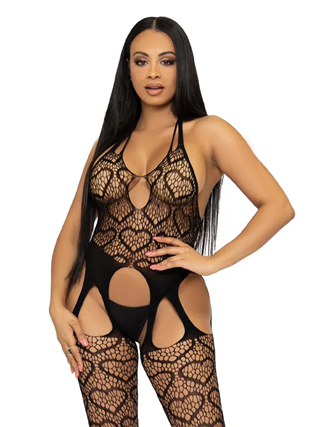 Seamless Heart Net Suspender Bodystocking Black
