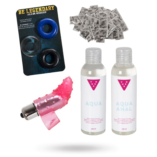 Mr + Mr - Sæt med kondom, glidecreme, penisringe & fingervibrator