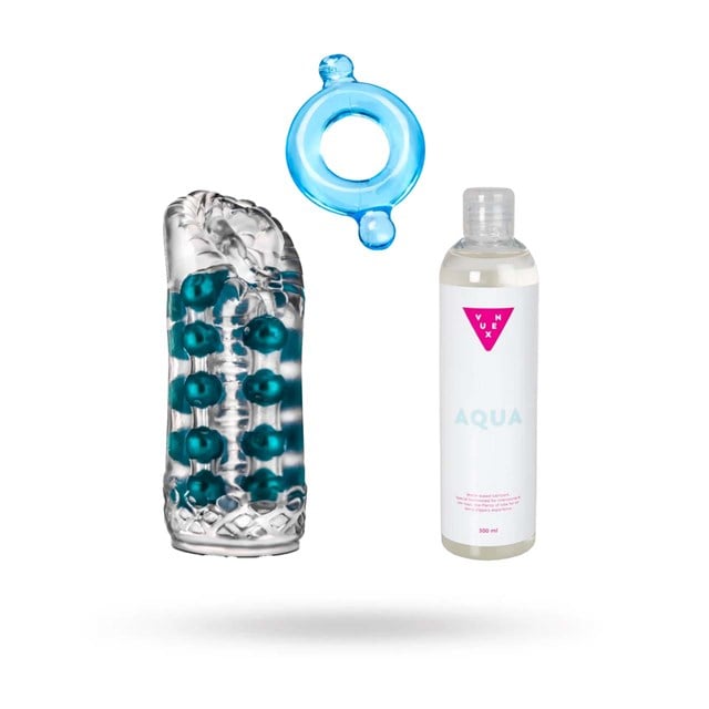 KIT OF STAMINA TRAINING STROKER, STRETCHY LIGHT BLUE COCK RING & LUBRICANT 150 ML