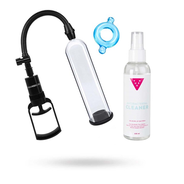 BE LEGENDARY BEGINNER TWO-FINGER PUMP + STRÆKBAR LYSEBLÅ PENISRING & VUXEN TOY CLEANER 150ML