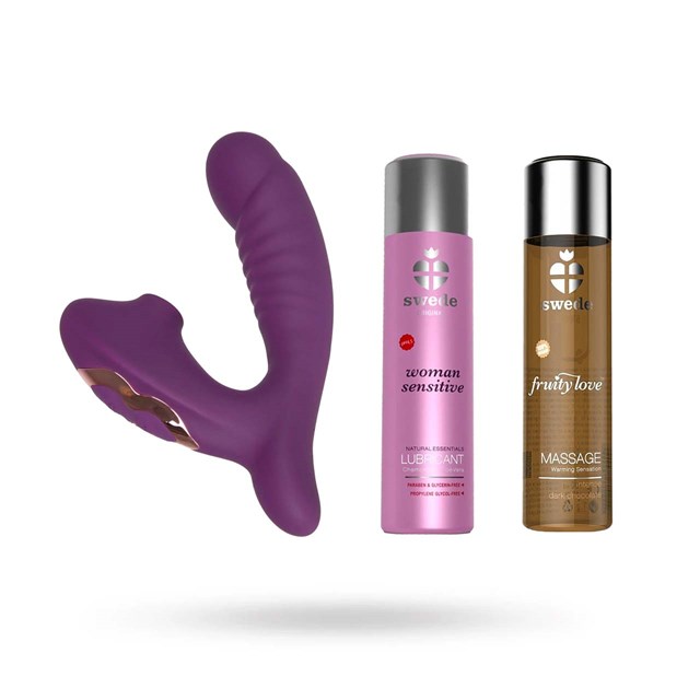 SÆT MED G-LOVER WITH CLIT SUCKER, SWEDE WOMAN SENSITIVE GLIDECREME & MASSAGEOLIE MED CHOKOLADESMAG