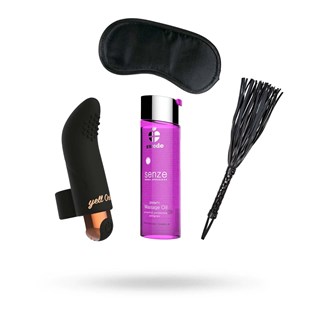 Sæt Med Fingervibrator, Swede Massageolie, Diabolique Flogger & Sort Satin-maske