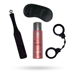 Kit With Silicone Paddle, Black Eyemask, Silicone Handcuffs & Flavoured Lubricant