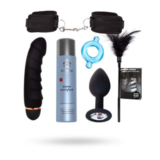 Kit Of Ribbed Vibrator + Tickler + Swede Lubricant + Cock Ring + Handcuffs + Analplug