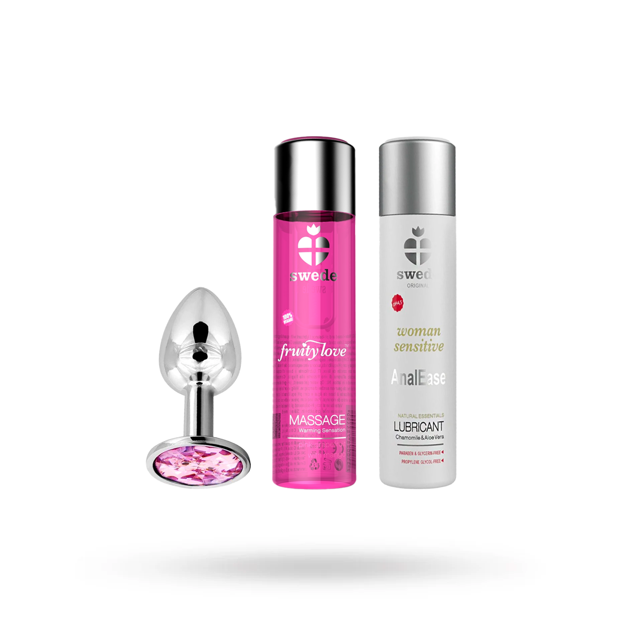 ANAL PLEASURE-SÆT INKLUSIVE METALPLUG, SWEDE MASSAGEOLIE & SWEDE ANALEASE GLIDECREME 2X60ML