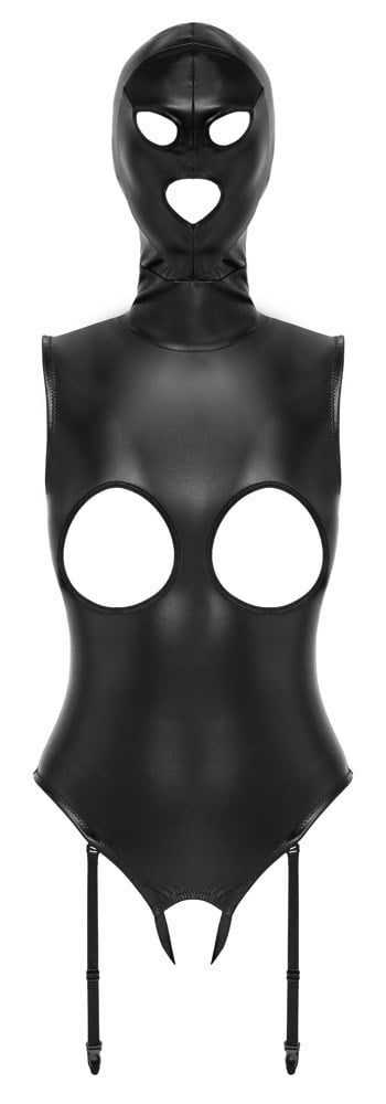 Black crotchless suspender body with head mask