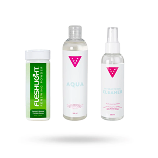 Sæt Med Fleshlight Renewing Powder 118 Ml, Vuxen Aqua Glidecreme 300 Ml & Toy Cleaner 150 Ml