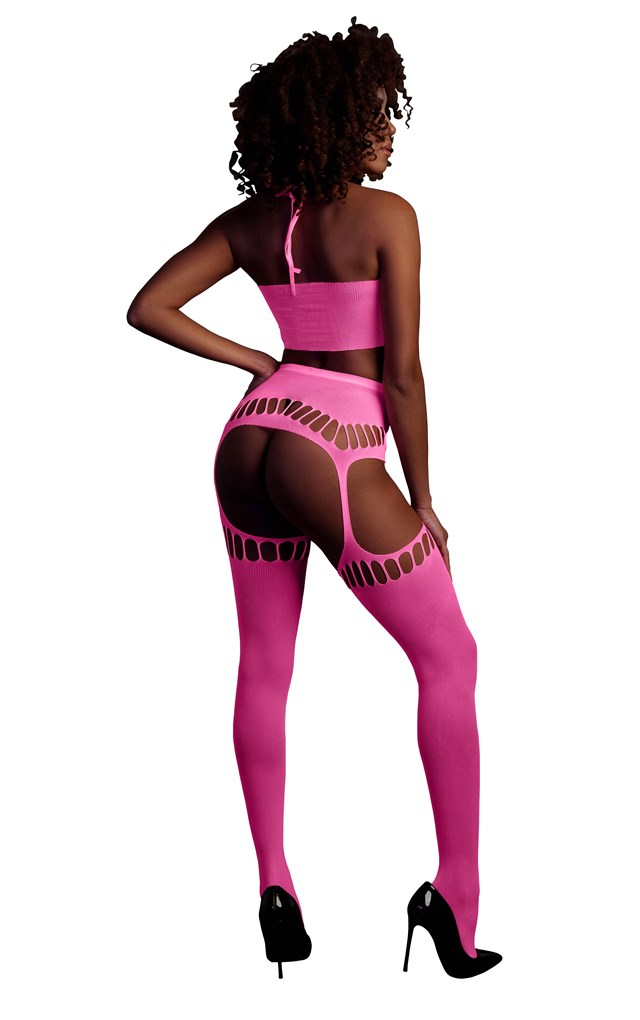 Pink, 2-delt Sæt med Crop-Top & Stockings